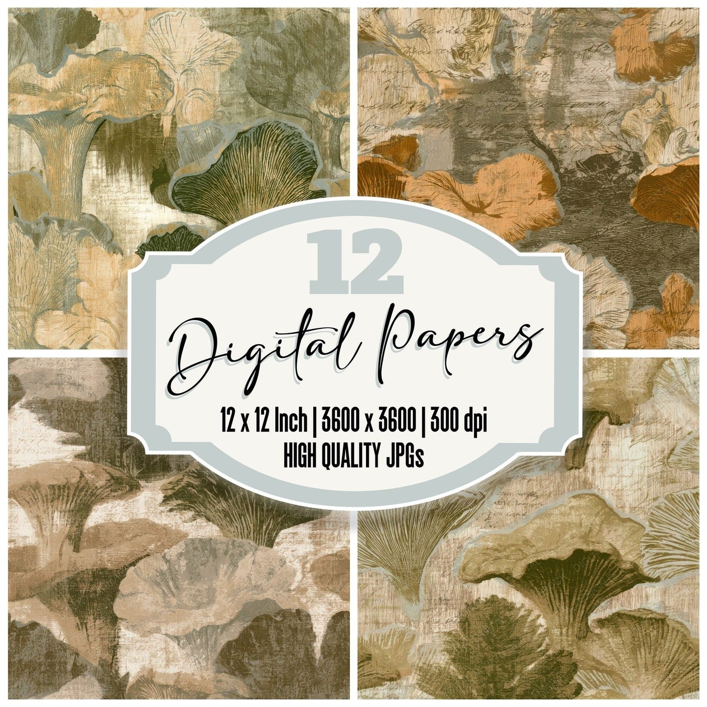 Woodcut Chanterelles Sepia Olive Seamless Digital Paper Pack (DDD013624)