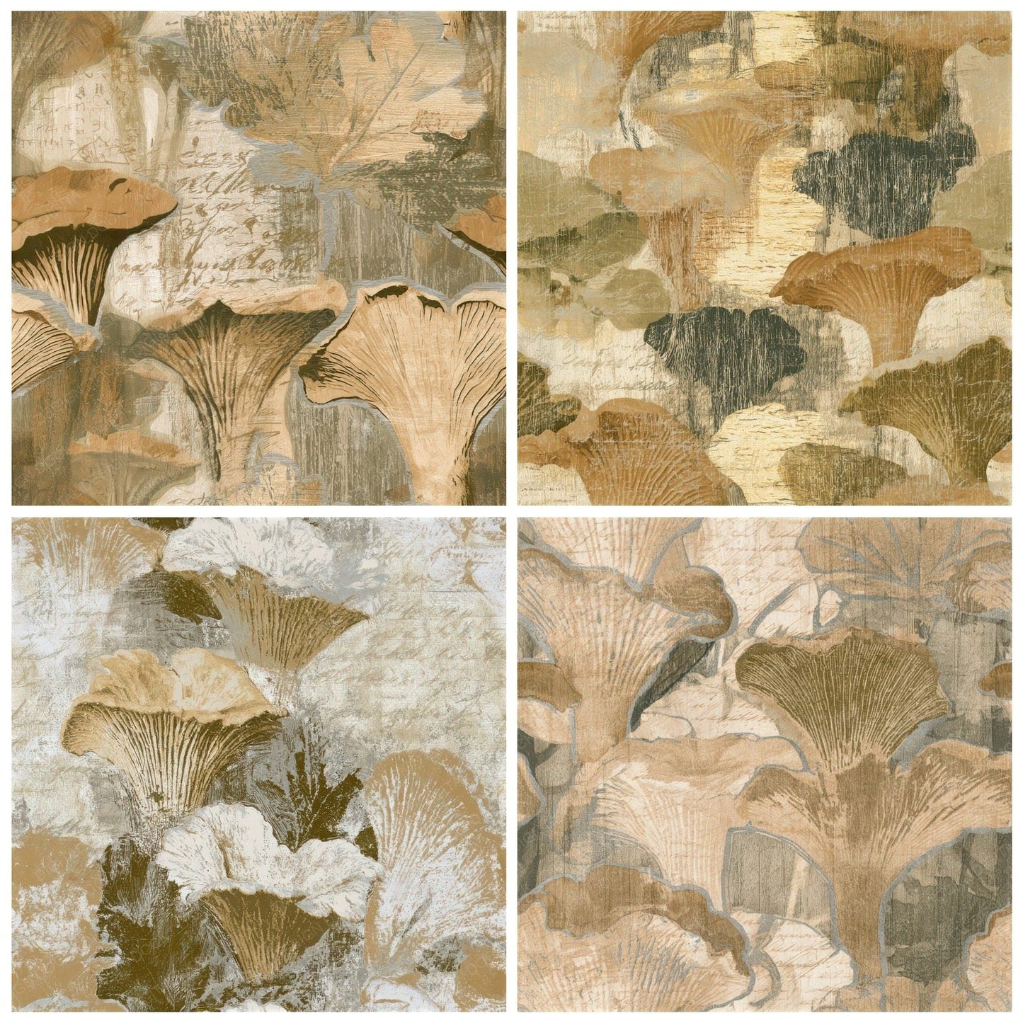 Woodcut Chanterelles Sepia Olive Seamless Digital Paper Pack (DDD013624)