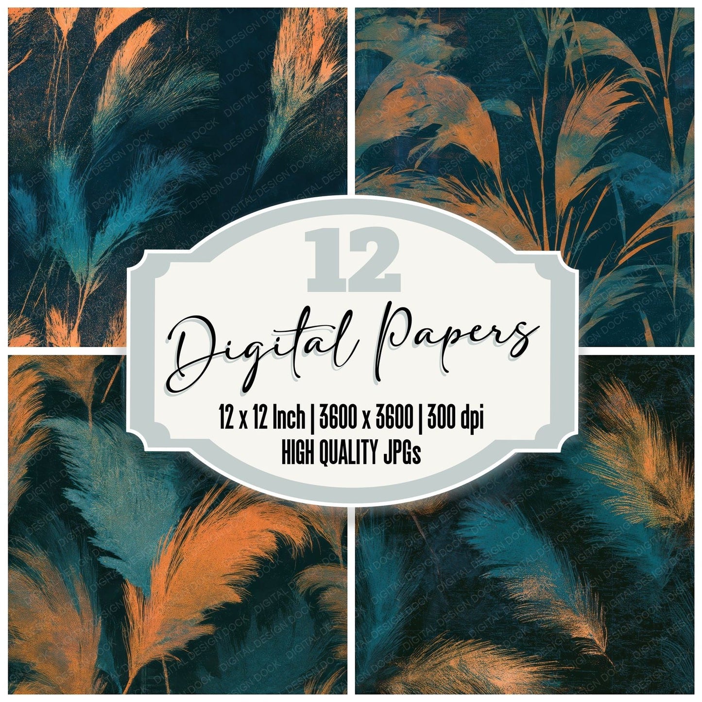 Etching Pampas Grass Tangerine Turquoise Seamless Digital Paper Pack (DDD013627)