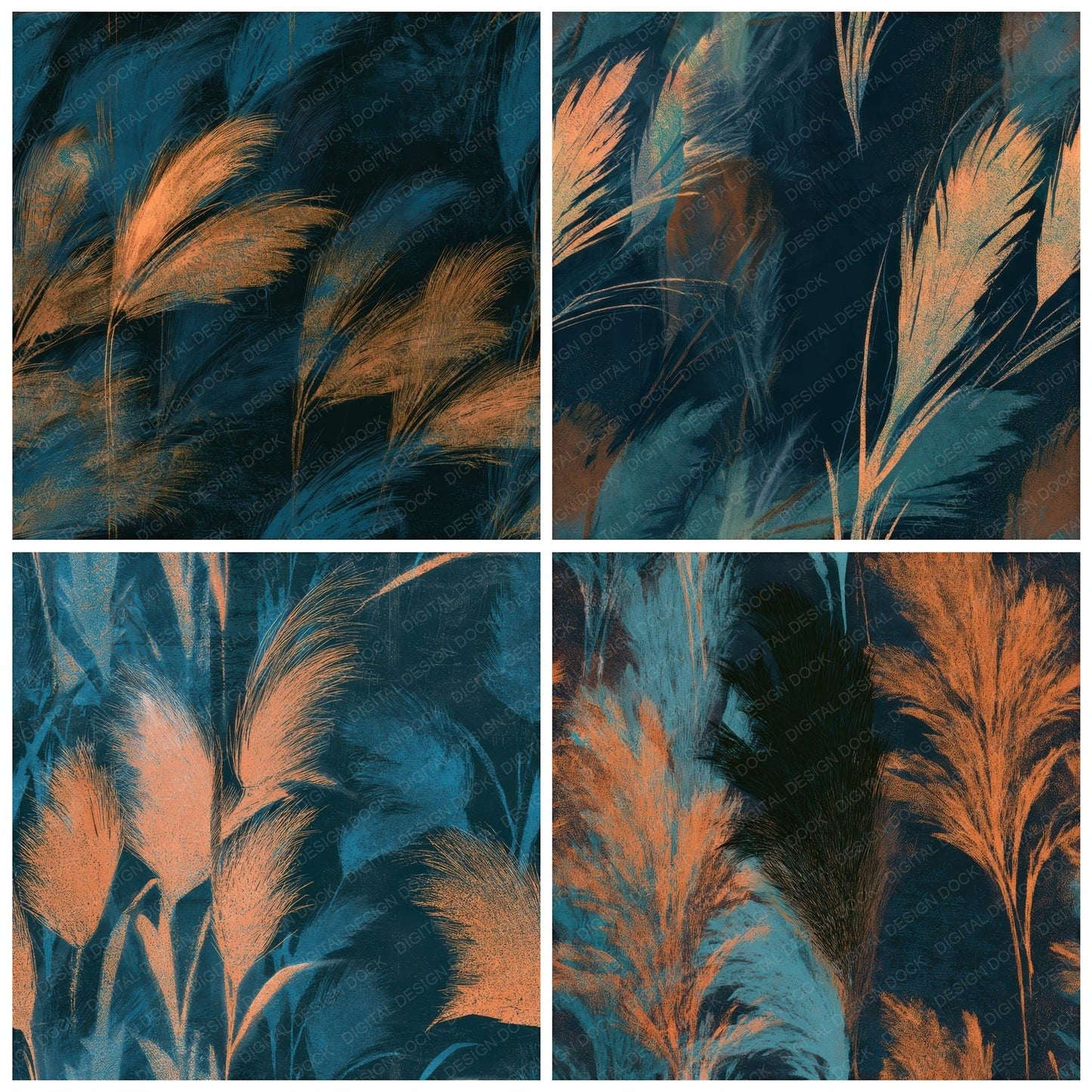 Etching Pampas Grass Tangerine Turquoise Seamless Digital Paper Pack (DDD013627)