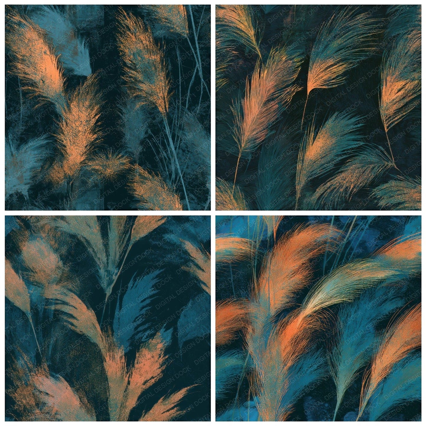Etching Pampas Grass Tangerine Turquoise Seamless Digital Paper Pack (DDD013627)