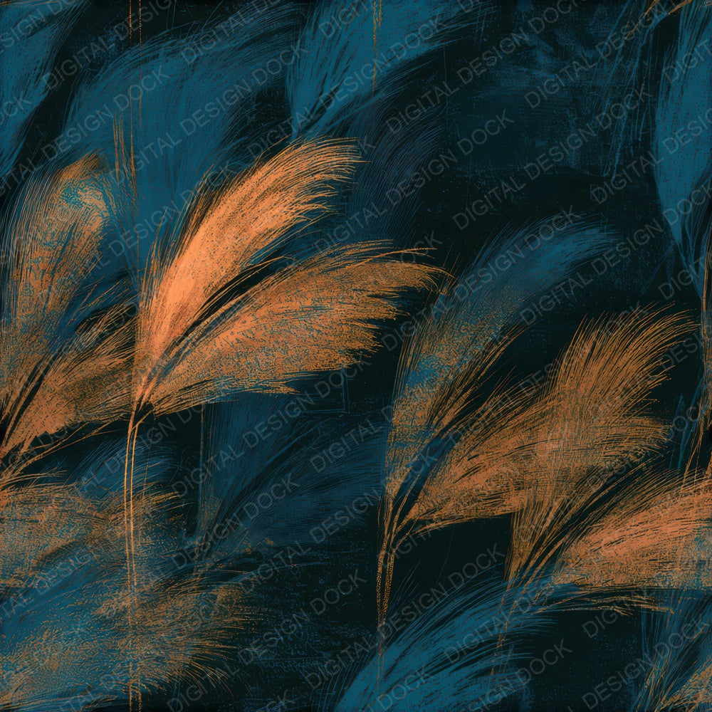 Etching Pampas Grass Tangerine Turquoise Seamless Digital Paper Pack (DDD013627)