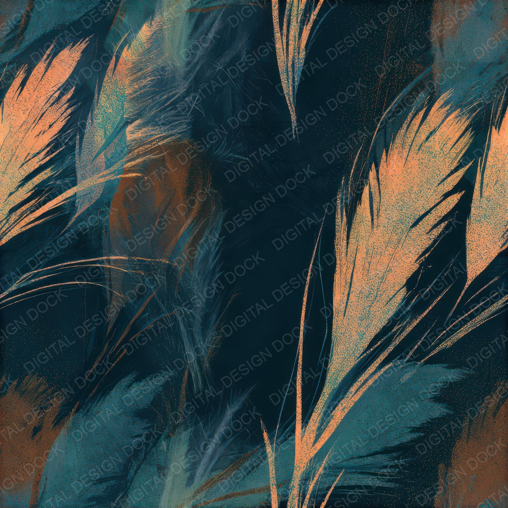 Etching Pampas Grass Tangerine Turquoise Seamless Digital Paper Pack (DDD013627)