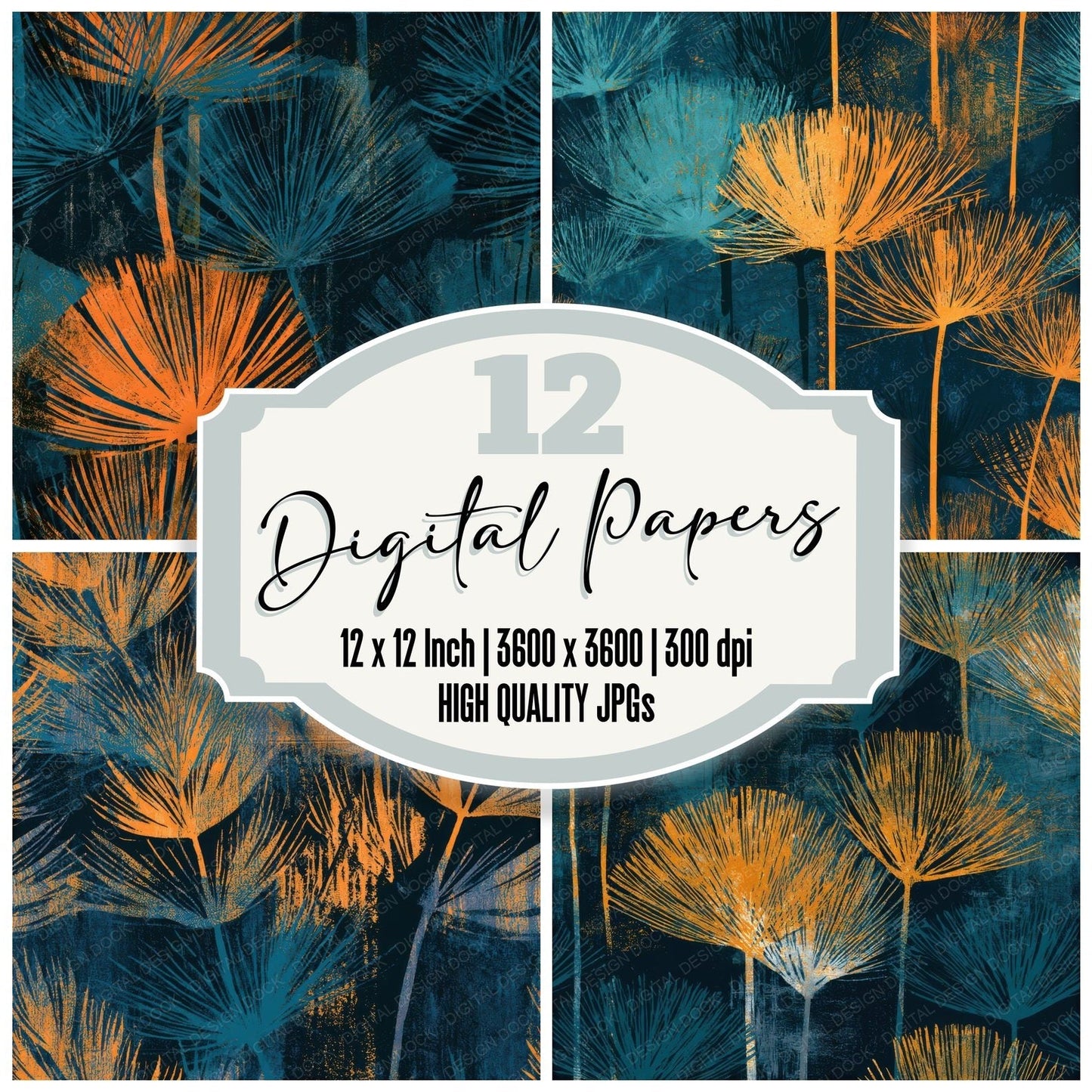 Linocut Horsetail Tangerine Turquoise Seamless Digital Paper Pack (DDD013629)