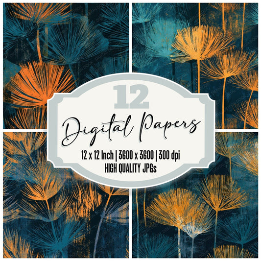 Linocut Horsetail Tangerine Turquoise Seamless Digital Paper Pack (DDD013629)