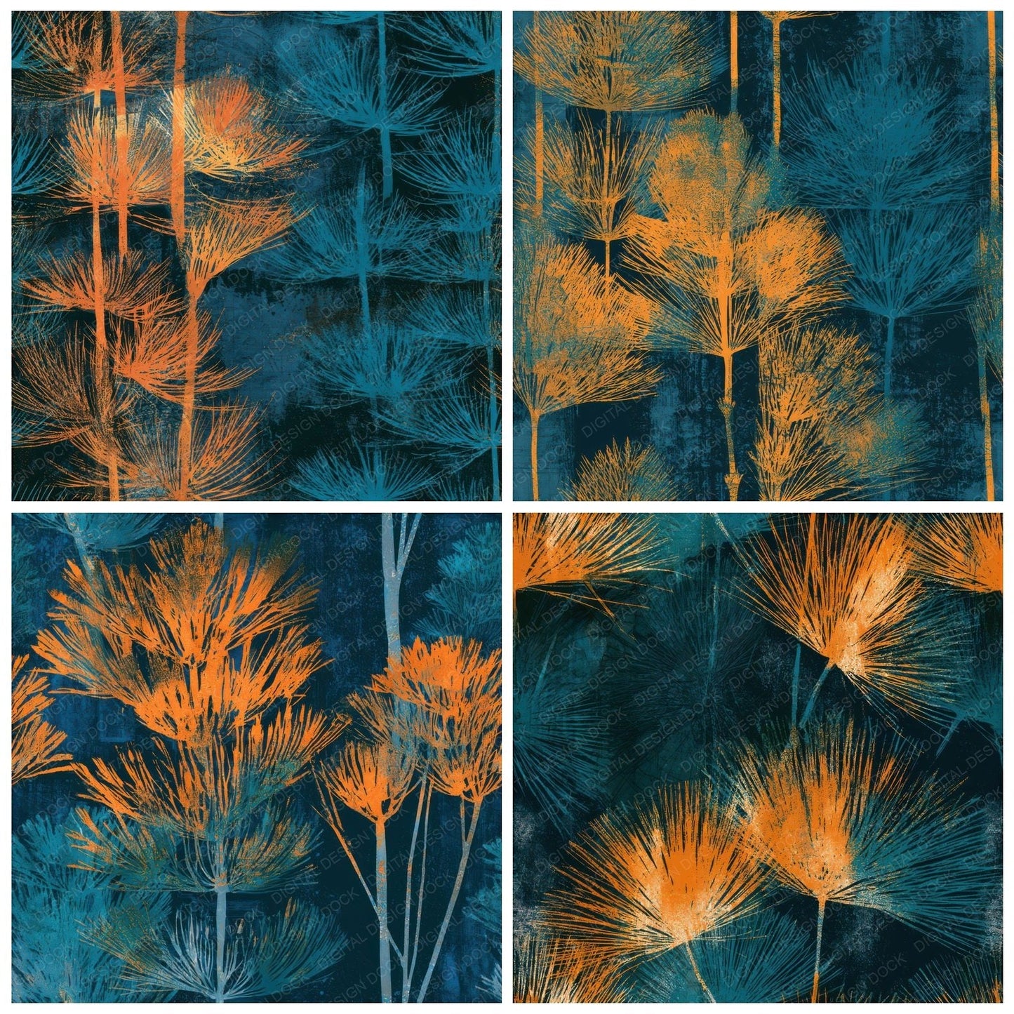 Linocut Horsetail Tangerine Turquoise Seamless Digital Paper Pack (DDD013629)