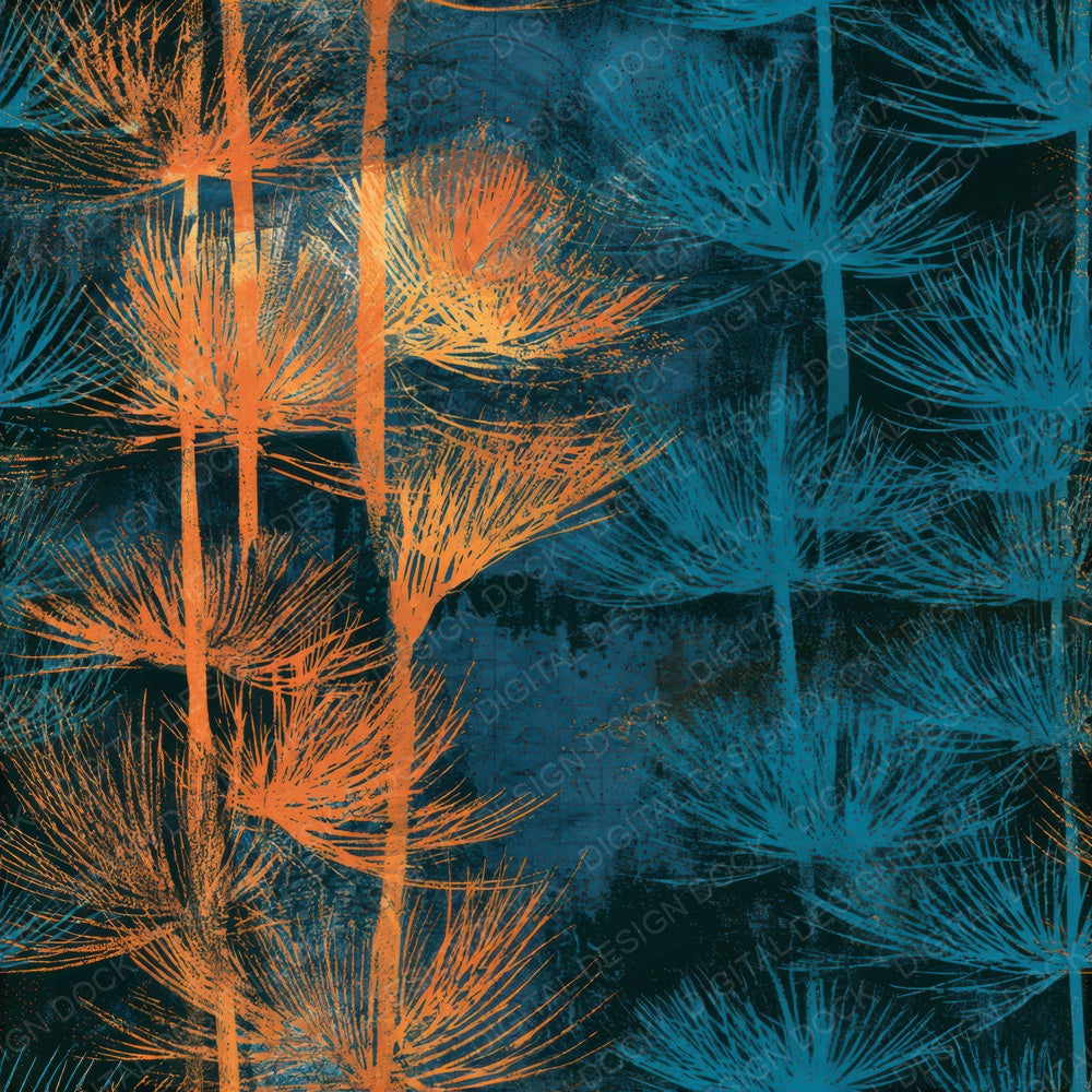 Linocut Horsetail Tangerine Turquoise Seamless Digital Paper Pack (DDD013629)