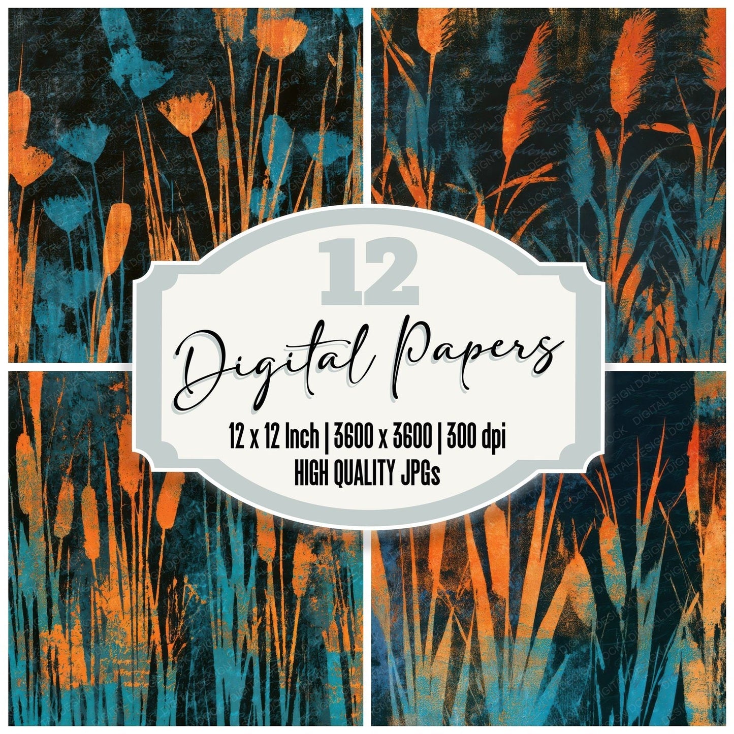 Monoprint Bulrushes Tangerine Turquoise Digital Paper Pack (DDD013631)