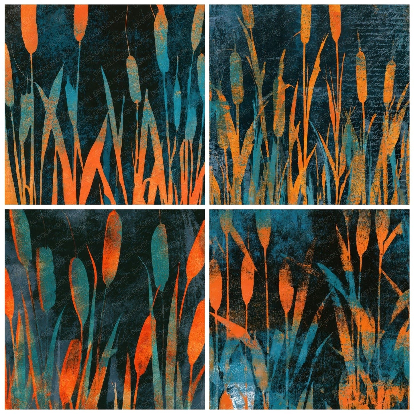 Monoprint Bulrushes Tangerine Turquoise Digital Paper Pack (DDD013631)