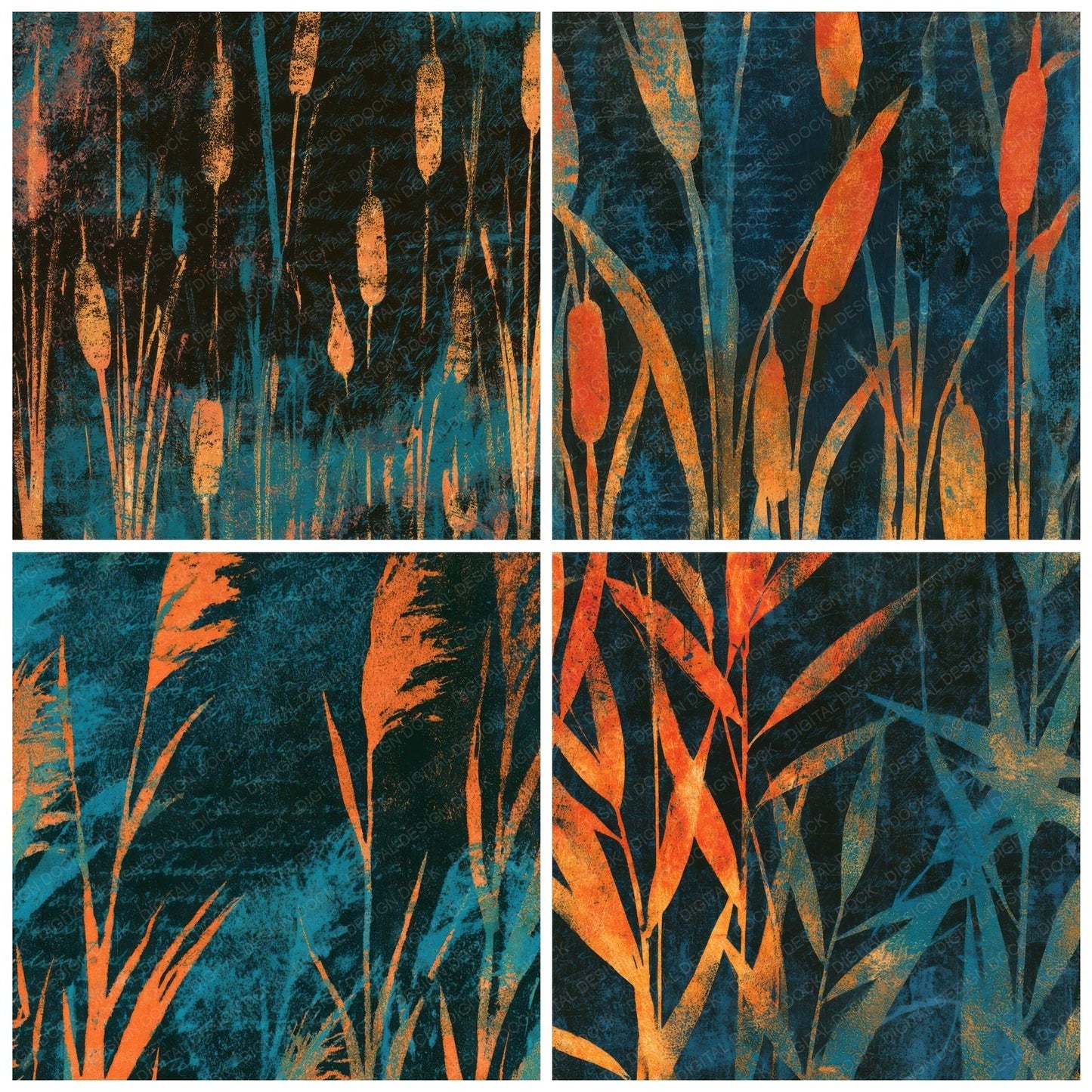 Monoprint Bulrushes Tangerine Turquoise Digital Paper Pack (DDD013631)
