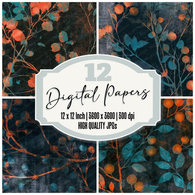 Monoprint Cherry Branches Tangerine Turquoise Digital Paper Pack (DDD013632)