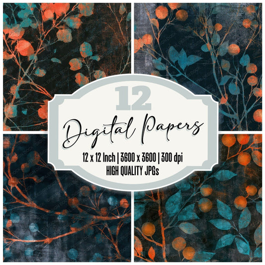 Monoprint Cherry Branches Tangerine Turquoise Digital Paper Pack (DDD013632)