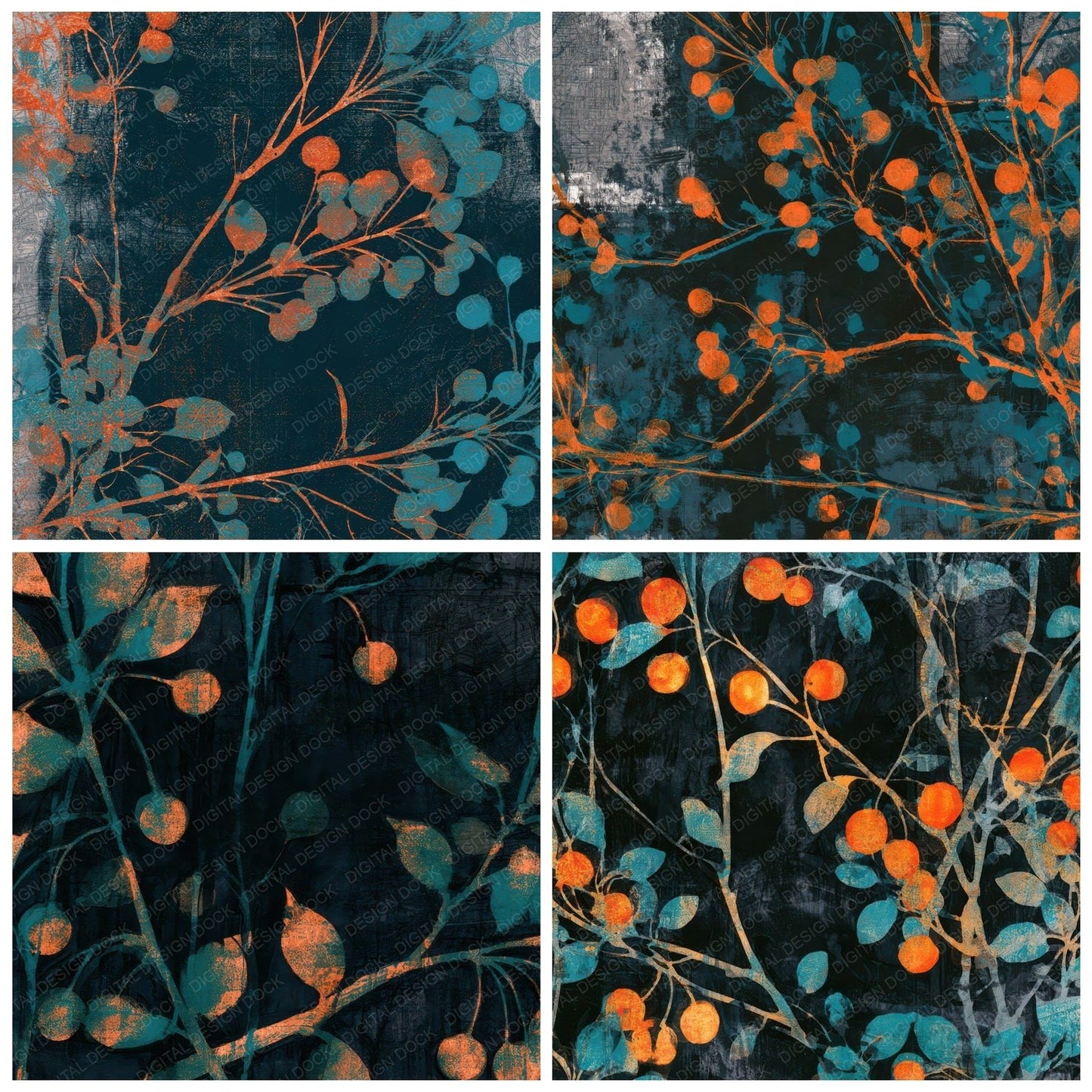 Monoprint Cherry Branches Tangerine Turquoise Digital Paper Pack (DDD013632)