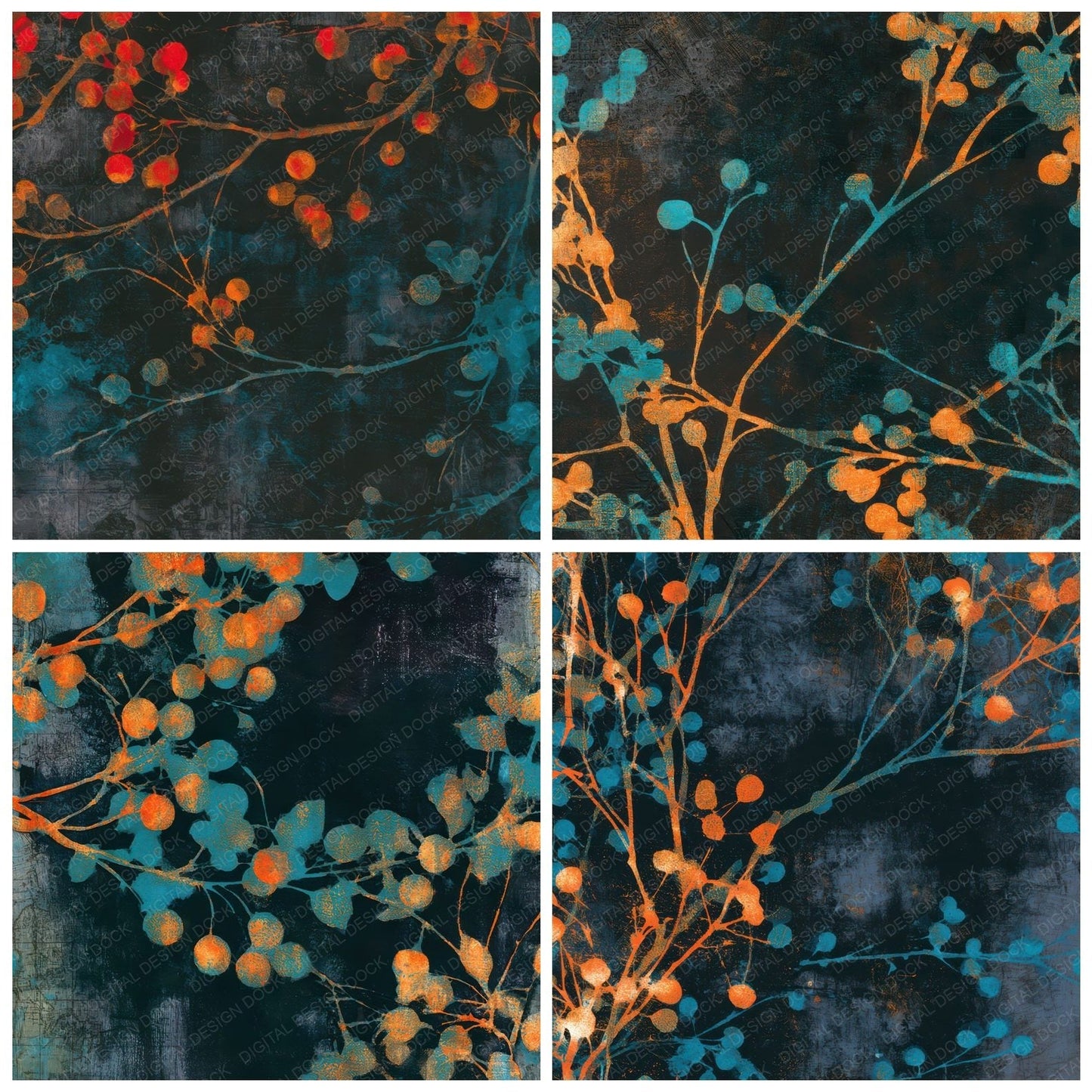 Monoprint Cherry Branches Tangerine Turquoise Digital Paper Pack (DDD013632)