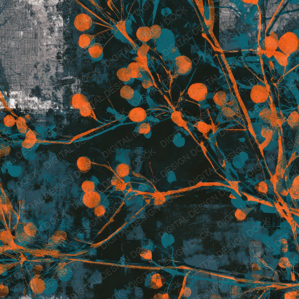 Monoprint Cherry Branches Tangerine Turquoise Digital Paper Pack (DDD013632)