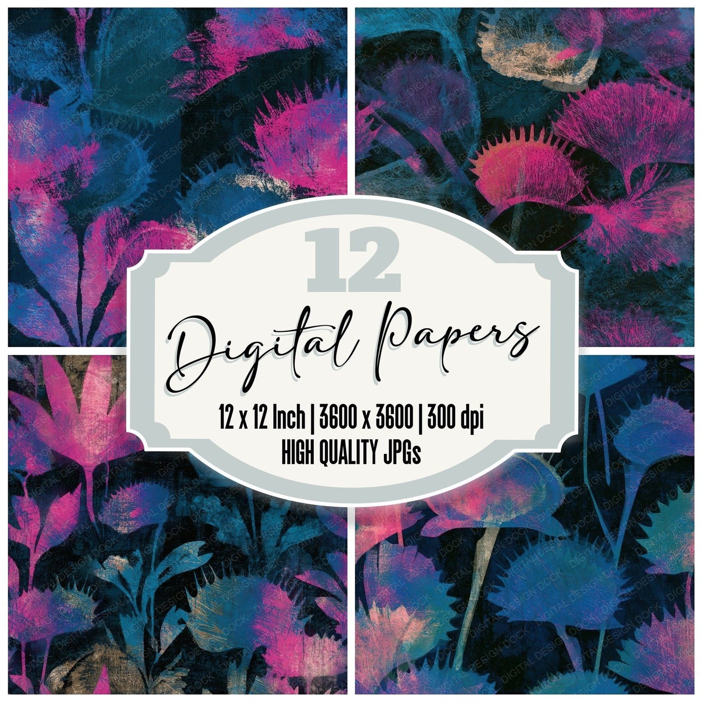Scratchboard Venus Flytrap Pink Cyan Seamless Digital Paper Pack (DDD013636)