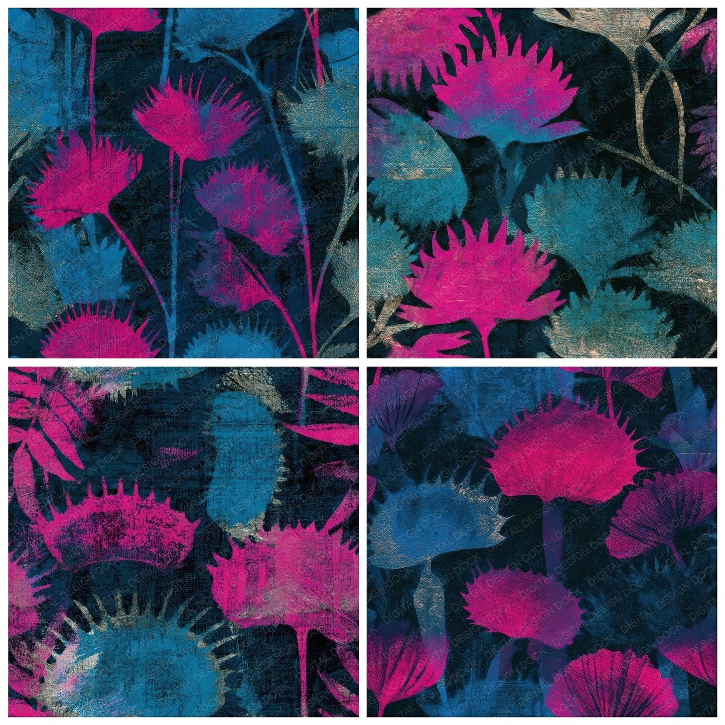 Scratchboard Venus Flytrap Pink Cyan Seamless Digital Paper Pack (DDD013636)
