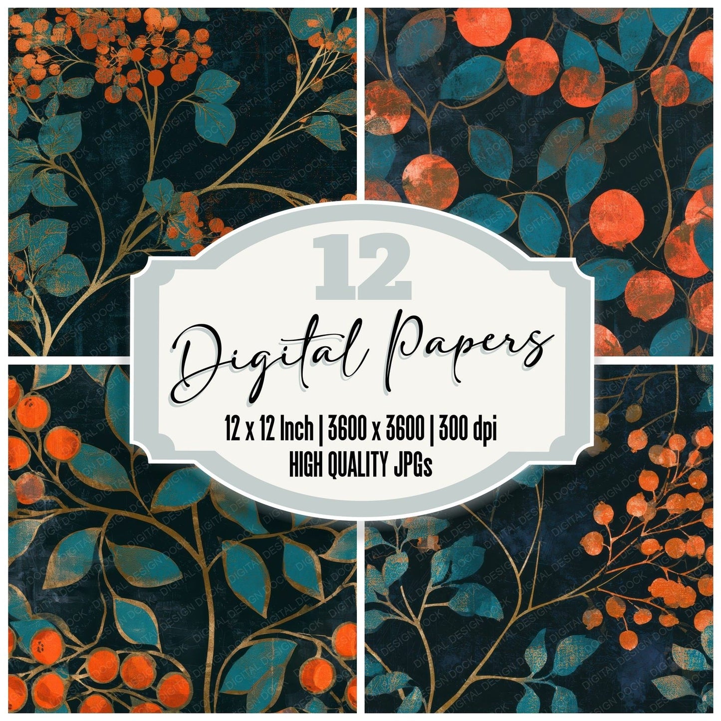 Woodblock Cranberry Tangerine Turquoise Digital Paper Pack (DDD013638)