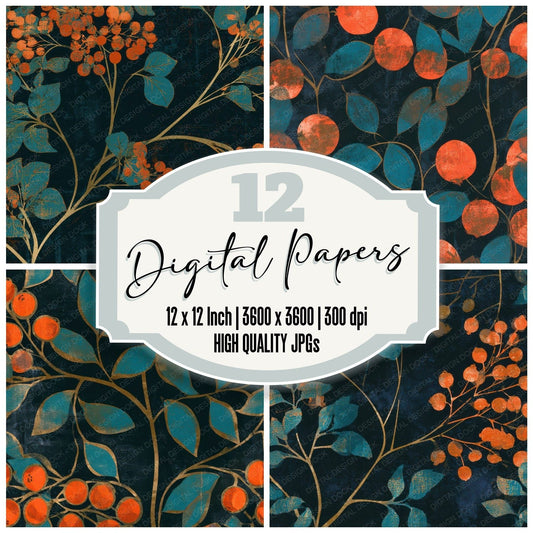 Woodblock Cranberry Tangerine Turquoise Digital Paper Pack (DDD013638)