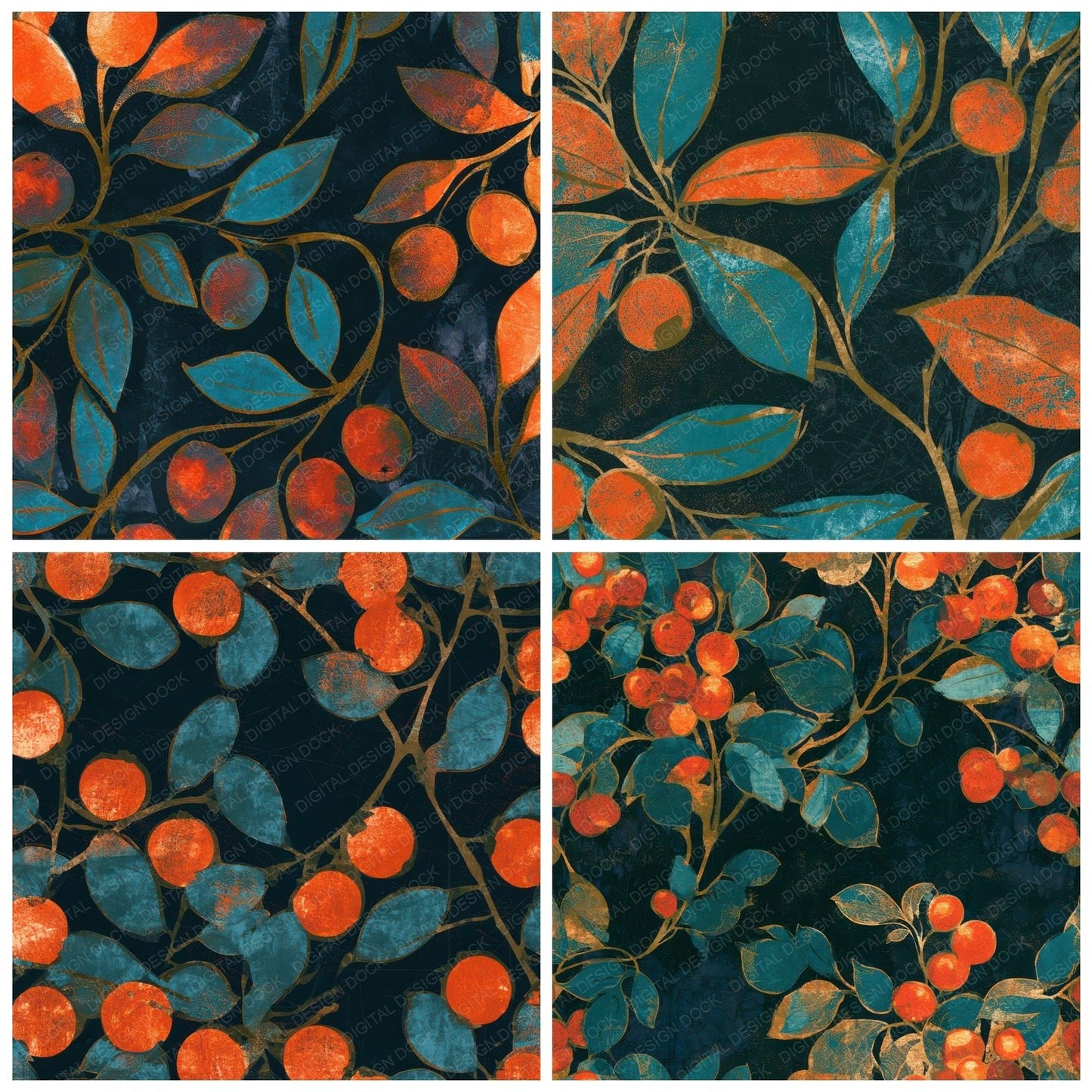 Woodblock Cranberry Tangerine Turquoise Digital Paper Pack (DDD013638)