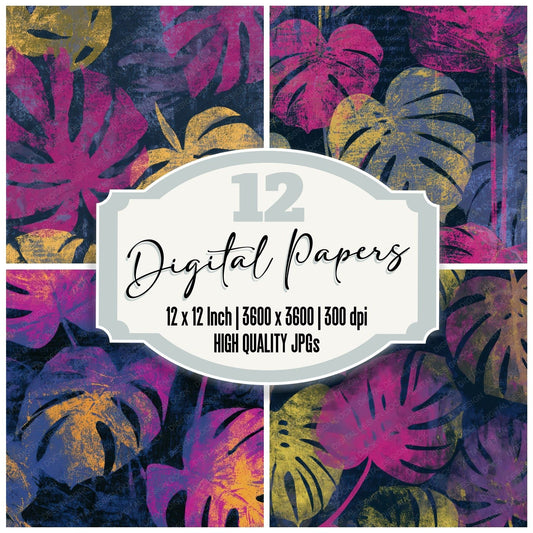 Woodblock Monstera Hot Pink Navy Digital Paper Pack (DDD013639)