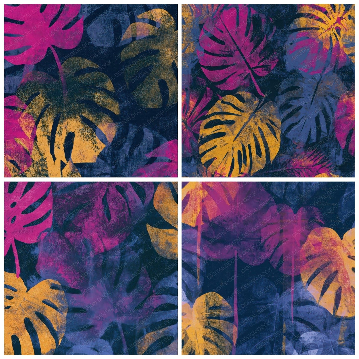 Woodblock Monstera Hot Pink Navy Digital Paper Pack (DDD013639)