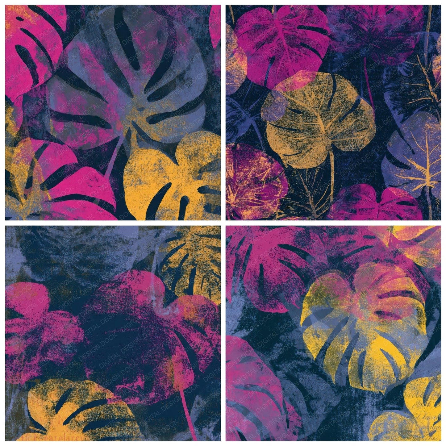 Woodblock Monstera Hot Pink Navy Digital Paper Pack (DDD013639)