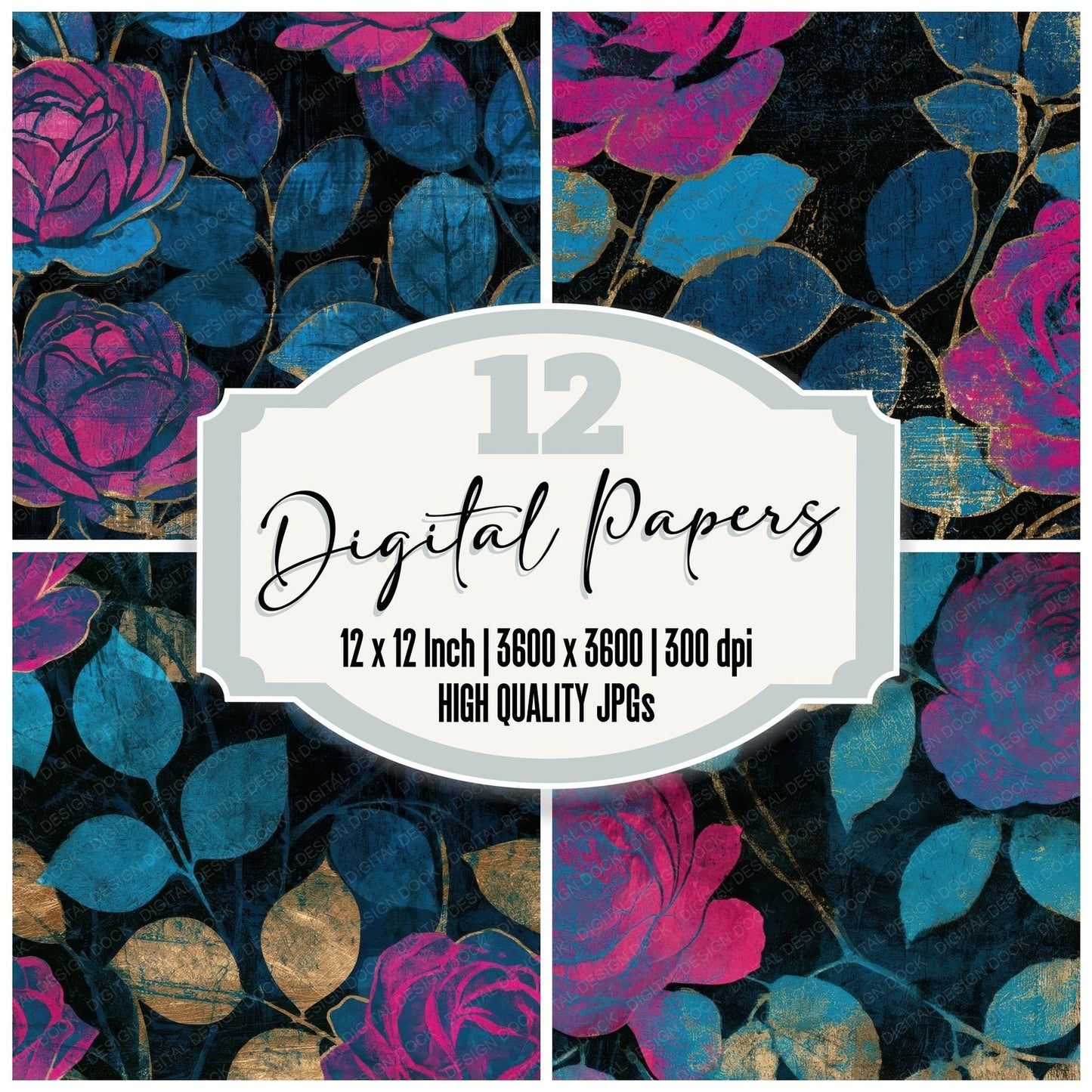 Woodcut Climbing Roses Electric Pink Cyan Digital Paper Pack (DDD013641)