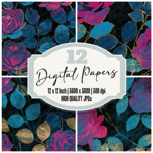 Woodcut Climbing Roses Electric Pink Cyan Digital Paper Pack (DDD013641)