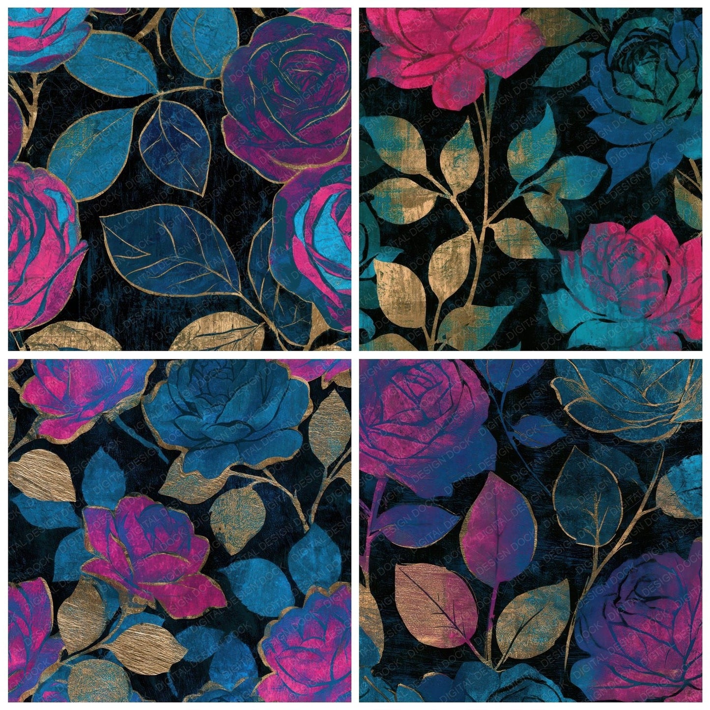 Woodcut Climbing Roses Electric Pink Cyan Digital Paper Pack (DDD013641)
