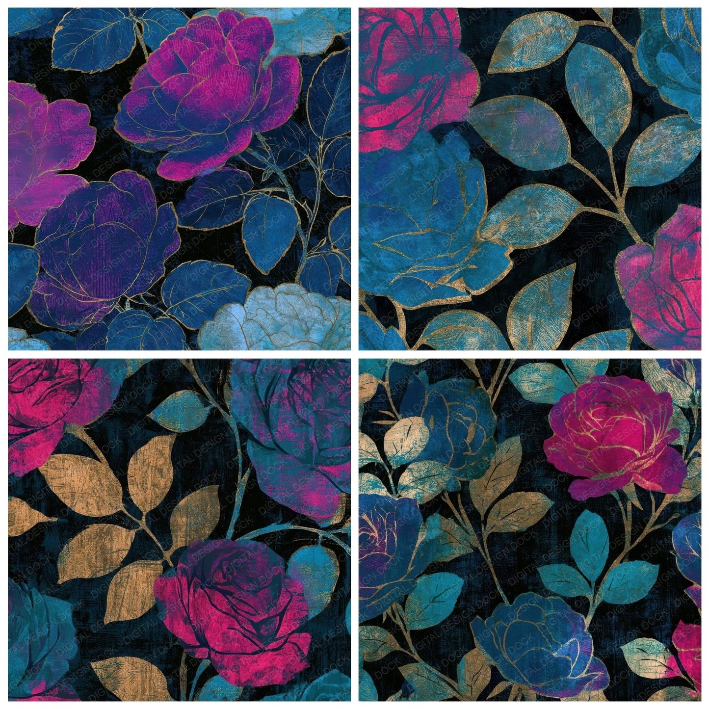 Woodcut Climbing Roses Electric Pink Cyan Digital Paper Pack (DDD013641)