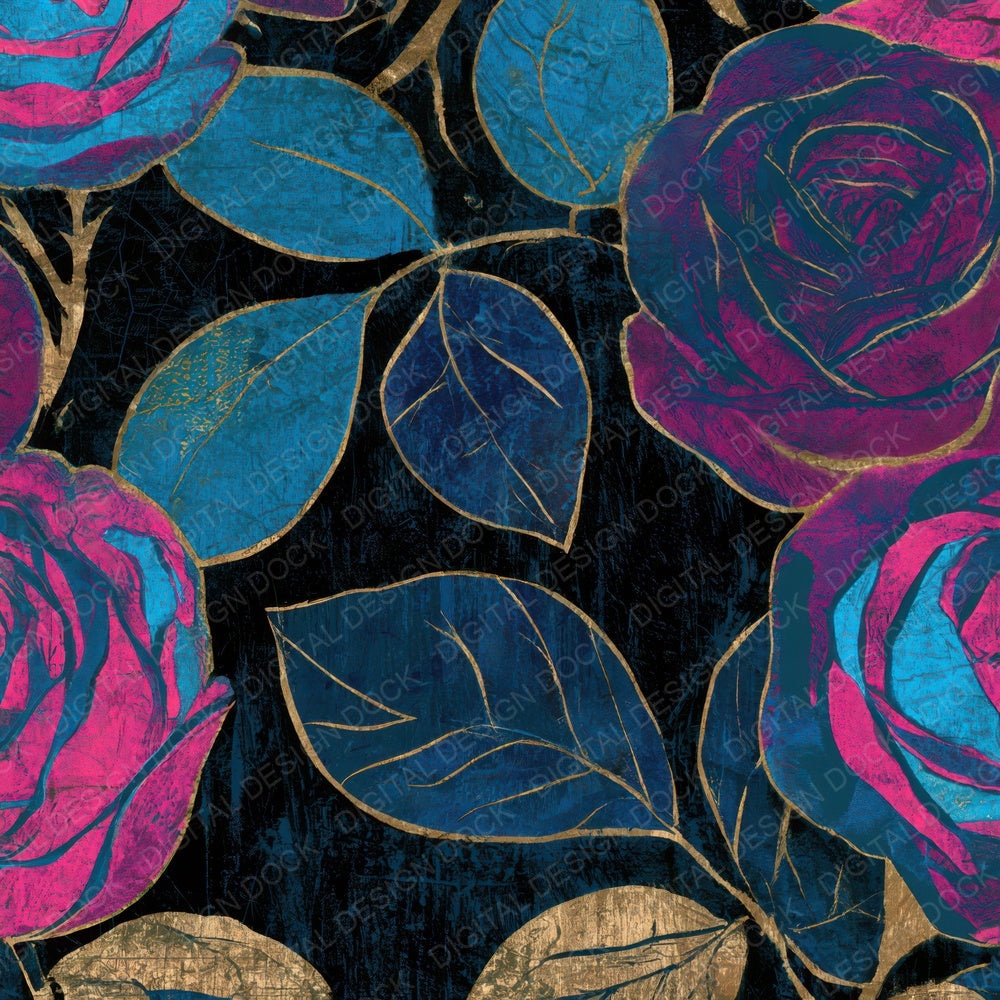 Woodcut Climbing Roses Electric Pink Cyan Digital Paper Pack (DDD013641)