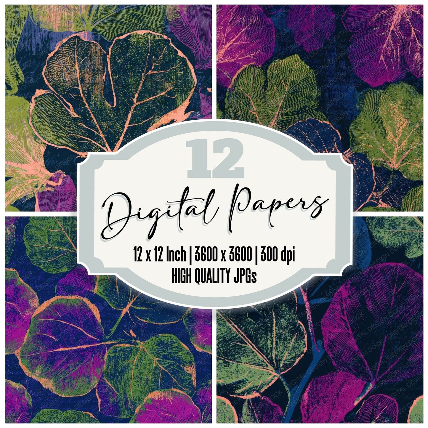 Woodcut Fig Leaves Neon Magenta Digital Paper Pack (DDD013642)