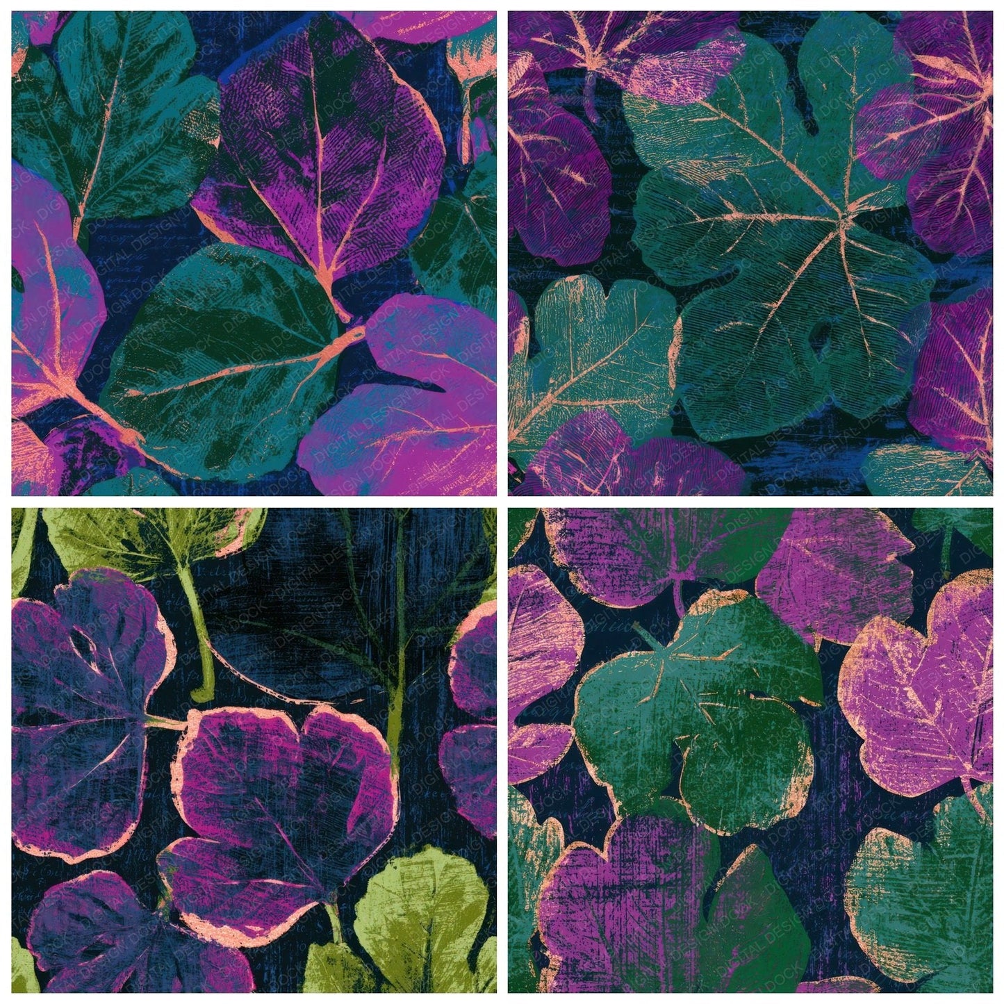 Woodcut Fig Leaves Neon Magenta Digital Paper Pack (DDD013642)