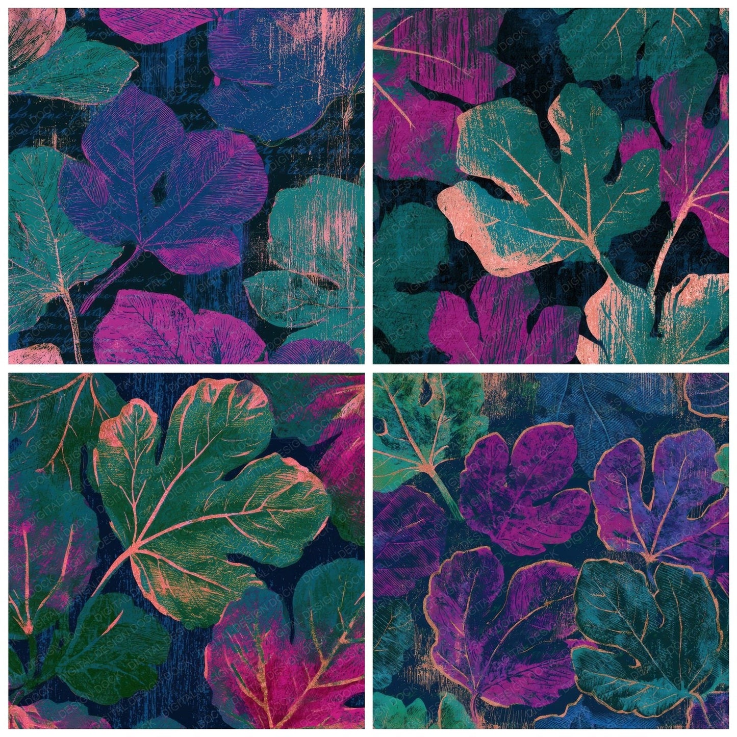 Woodcut Fig Leaves Neon Magenta Digital Paper Pack (DDD013642)