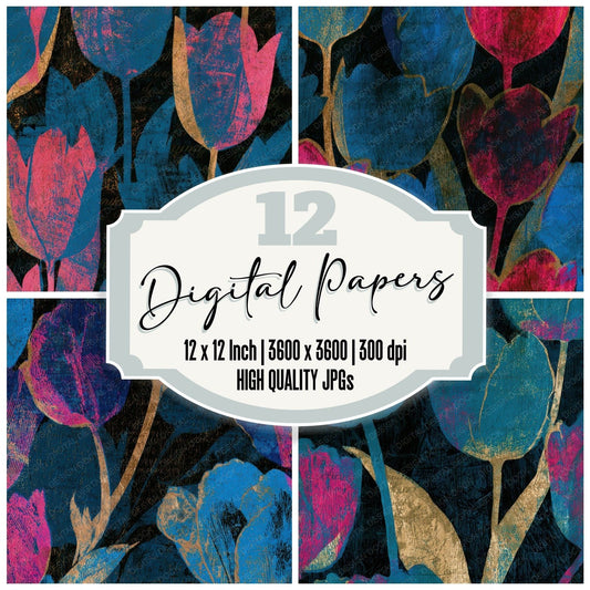 Woodcut Tulips Pink Cyan Digital Paper Pack (DDD013644)