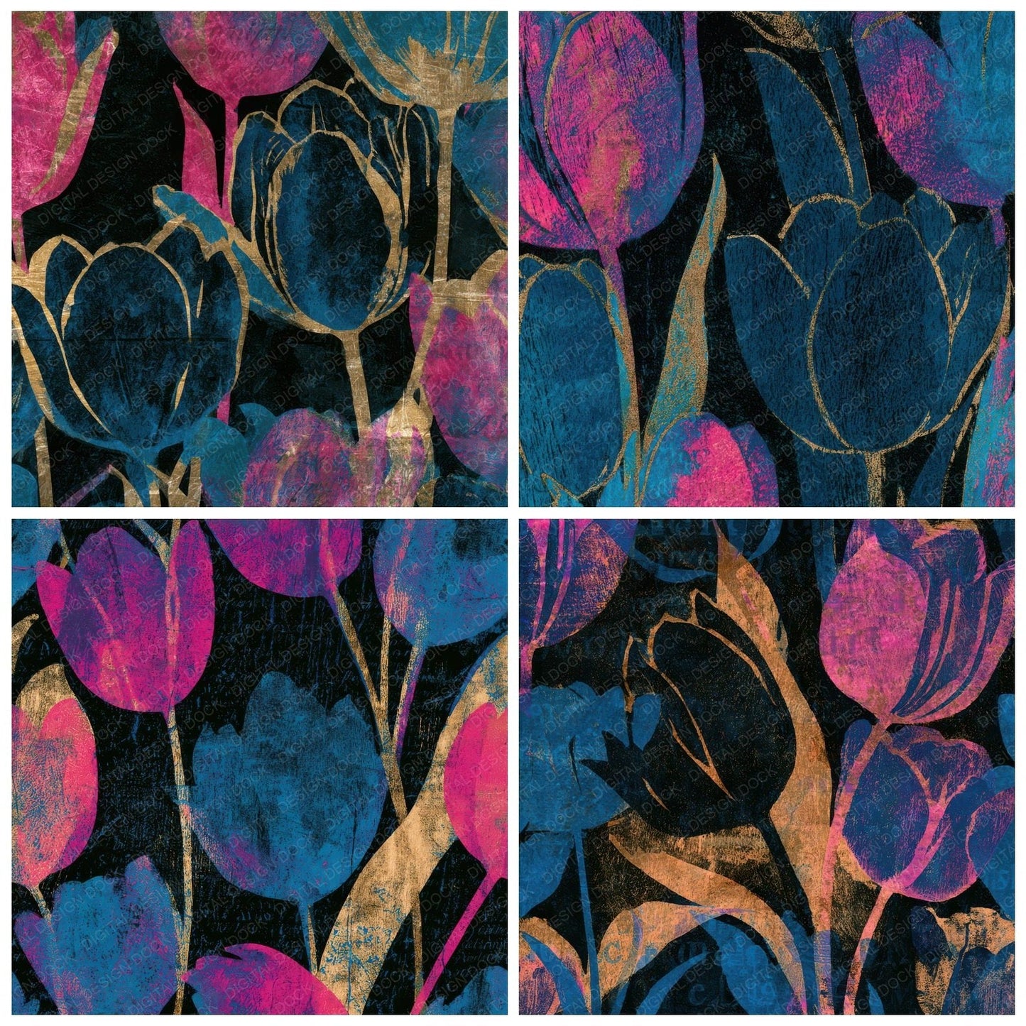Woodcut Tulips Pink Cyan Digital Paper Pack (DDD013644)