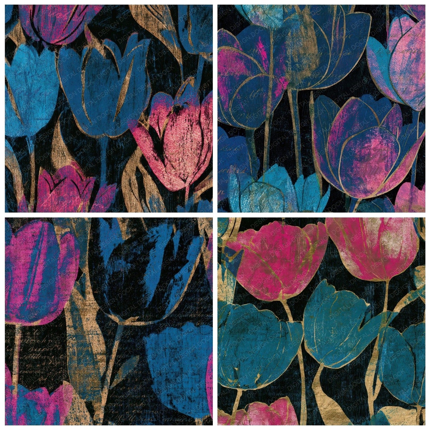 Woodcut Tulips Pink Cyan Digital Paper Pack (DDD013644)
