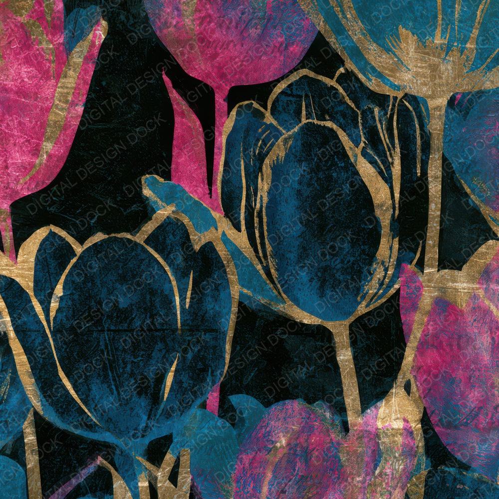 Woodcut Tulips Pink Cyan Digital Paper Pack (DDD013644)