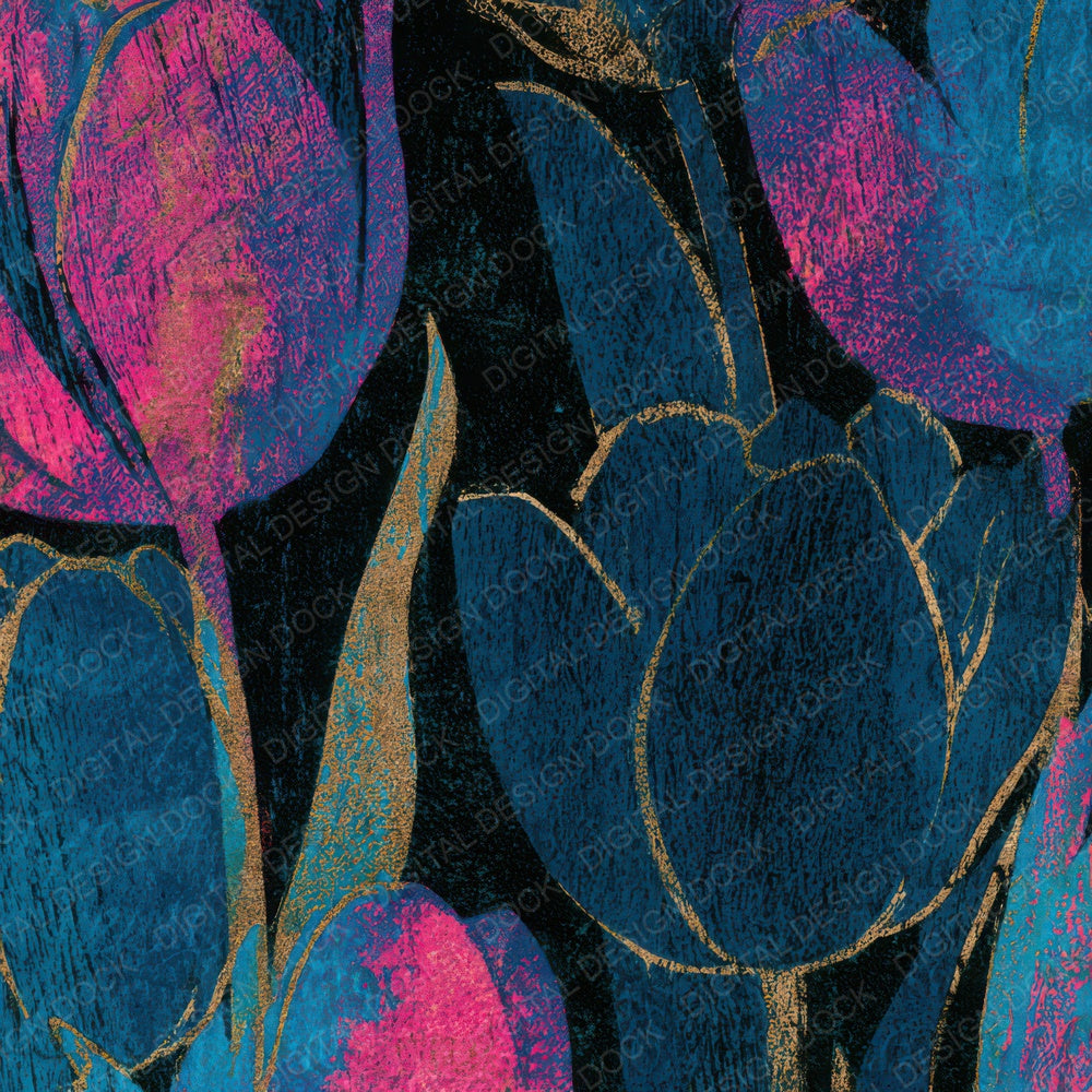 Woodcut Tulips Pink Cyan Digital Paper Pack (DDD013644)