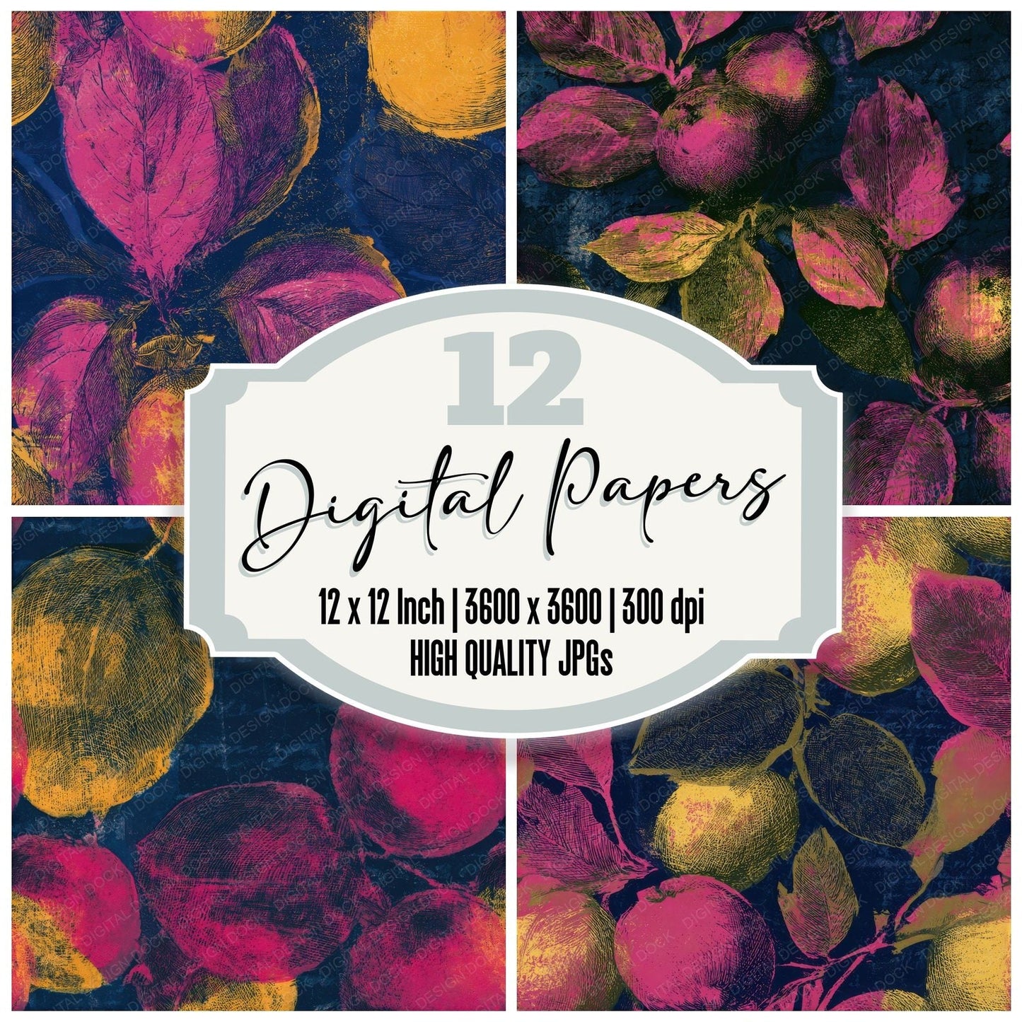 Etching Medlars Hot Pink Yellow Navy Seamless Digital Paper Pack (DDD013649)