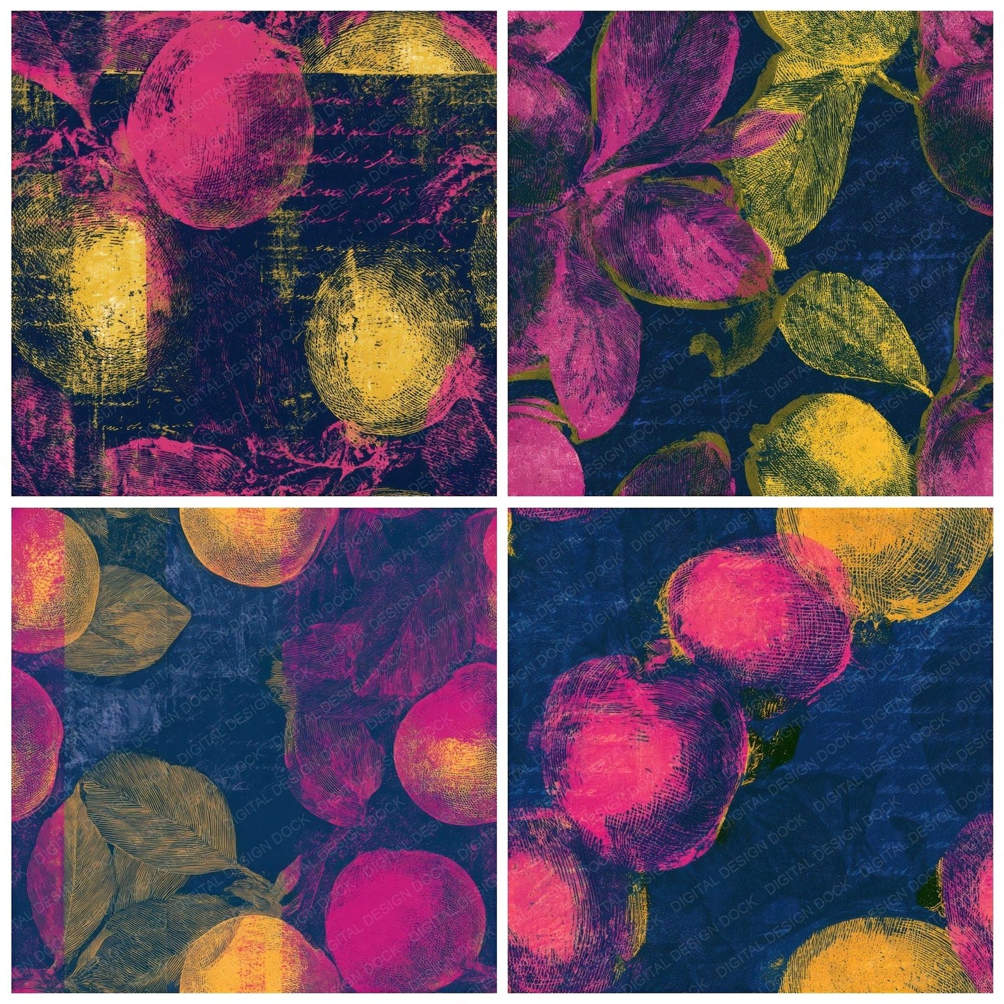 Etching Medlars Hot Pink Yellow Navy Seamless Digital Paper Pack (DDD013649)