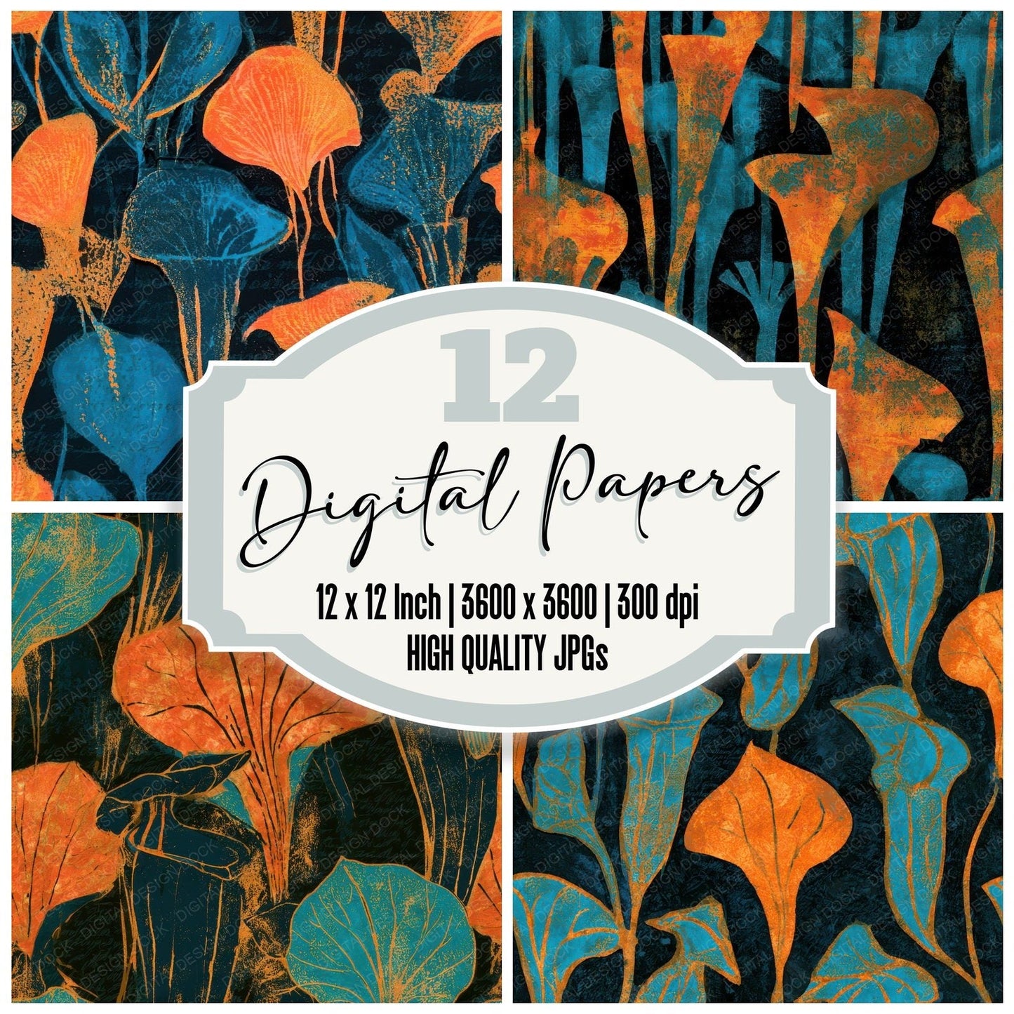 Indian Block Print Pitcher Plants Tangerine Turquoise Seamless Digital Paper Pack (DDD013652)
