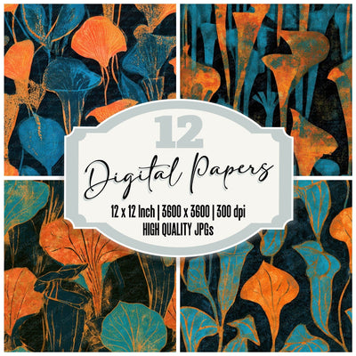 Indian Block Print Pitcher Plants Tangerine Turquoise Seamless Digital Paper Pack (DDD013652)