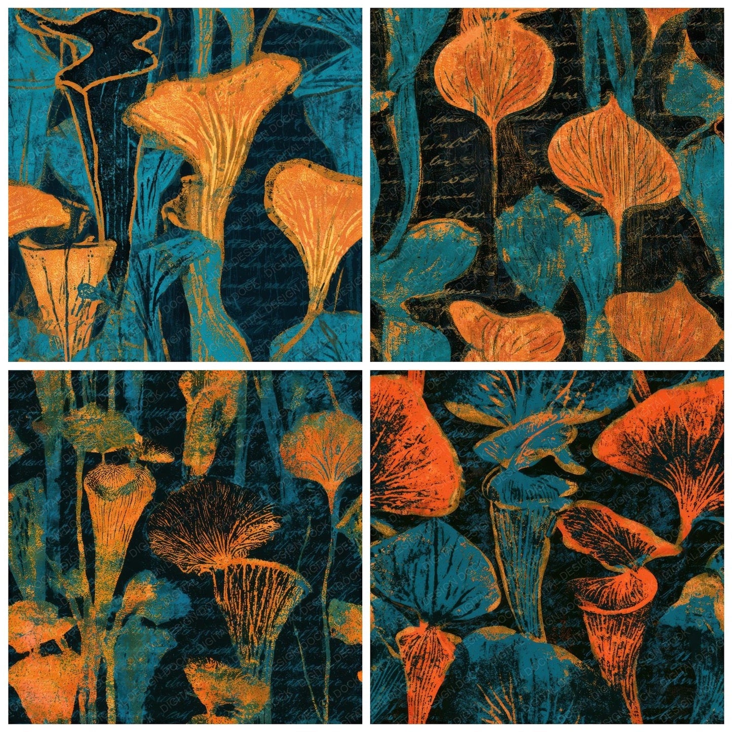 Indian Block Print Pitcher Plants Tangerine Turquoise Seamless Digital Paper Pack (DDD013652)