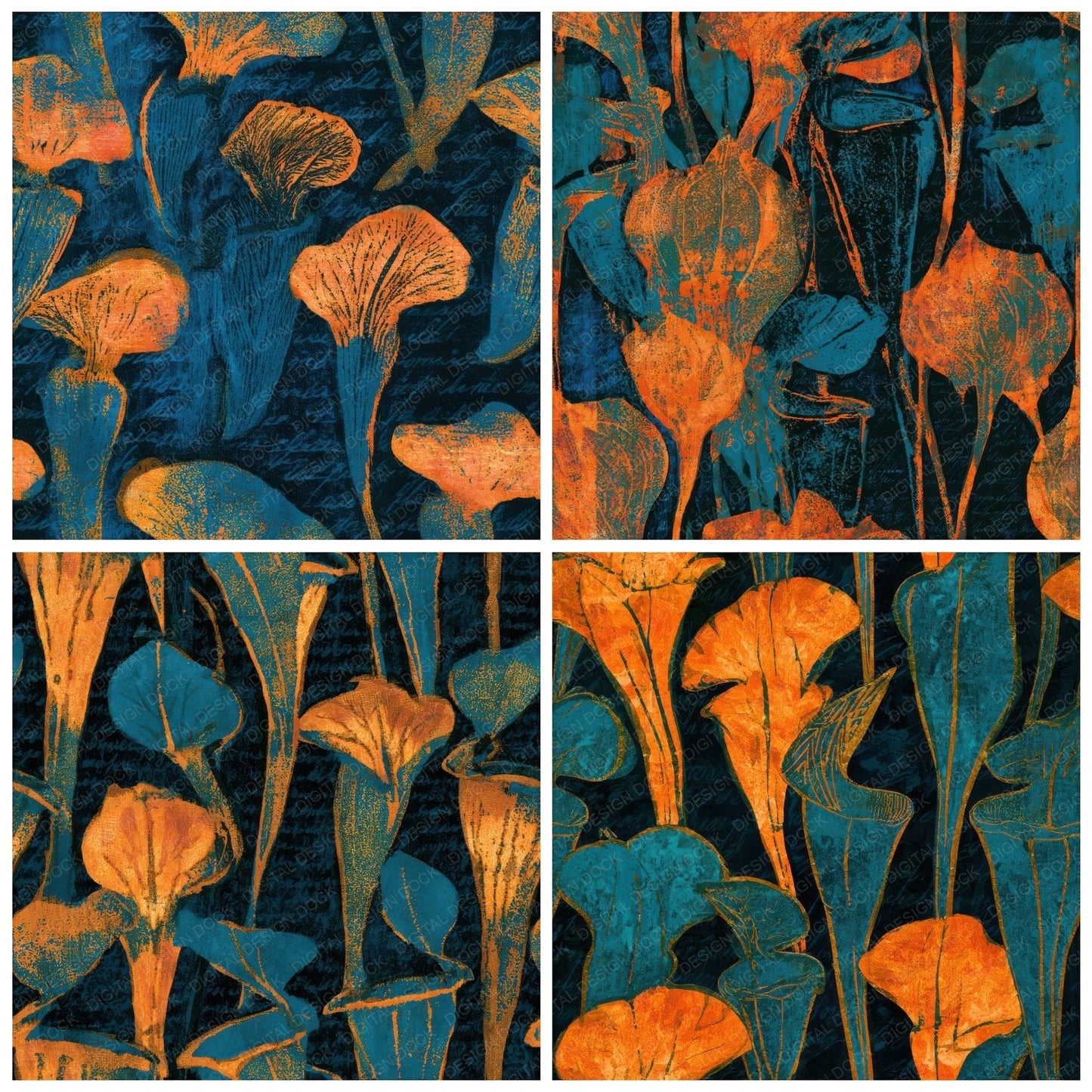 Indian Block Print Pitcher Plants Tangerine Turquoise Seamless Digital Paper Pack (DDD013652)