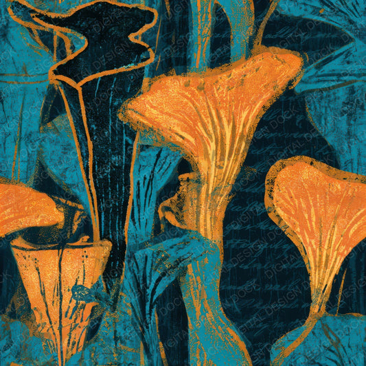 Indian Block Print Pitcher Plants Tangerine Turquoise Seamless Digital Paper Pack (DDD013652)