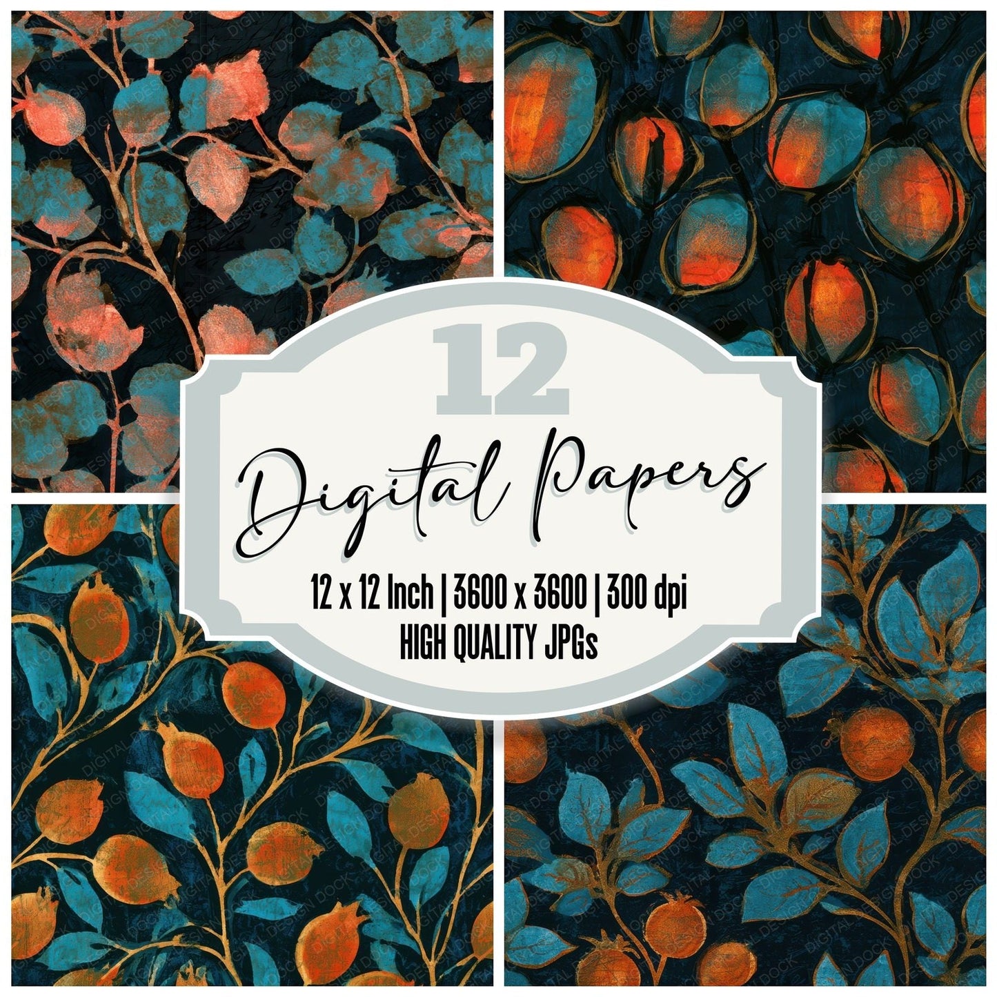 Indian Block Rose Hips Tangerine Seamless Digital Paper Pack (DDD013655)