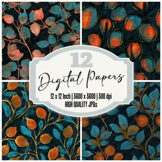 Indian Block Rose Hips Tangerine Seamless Digital Paper Pack (DDD013655)