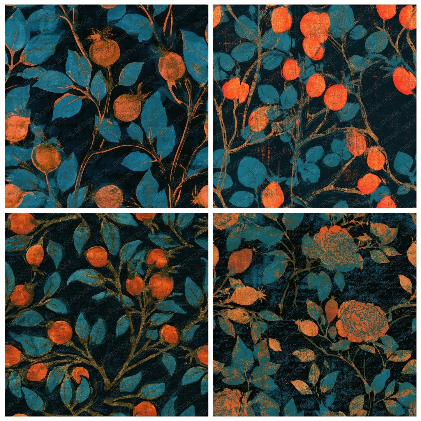 Indian Block Rose Hips Tangerine Seamless Digital Paper Pack (DDD013655)